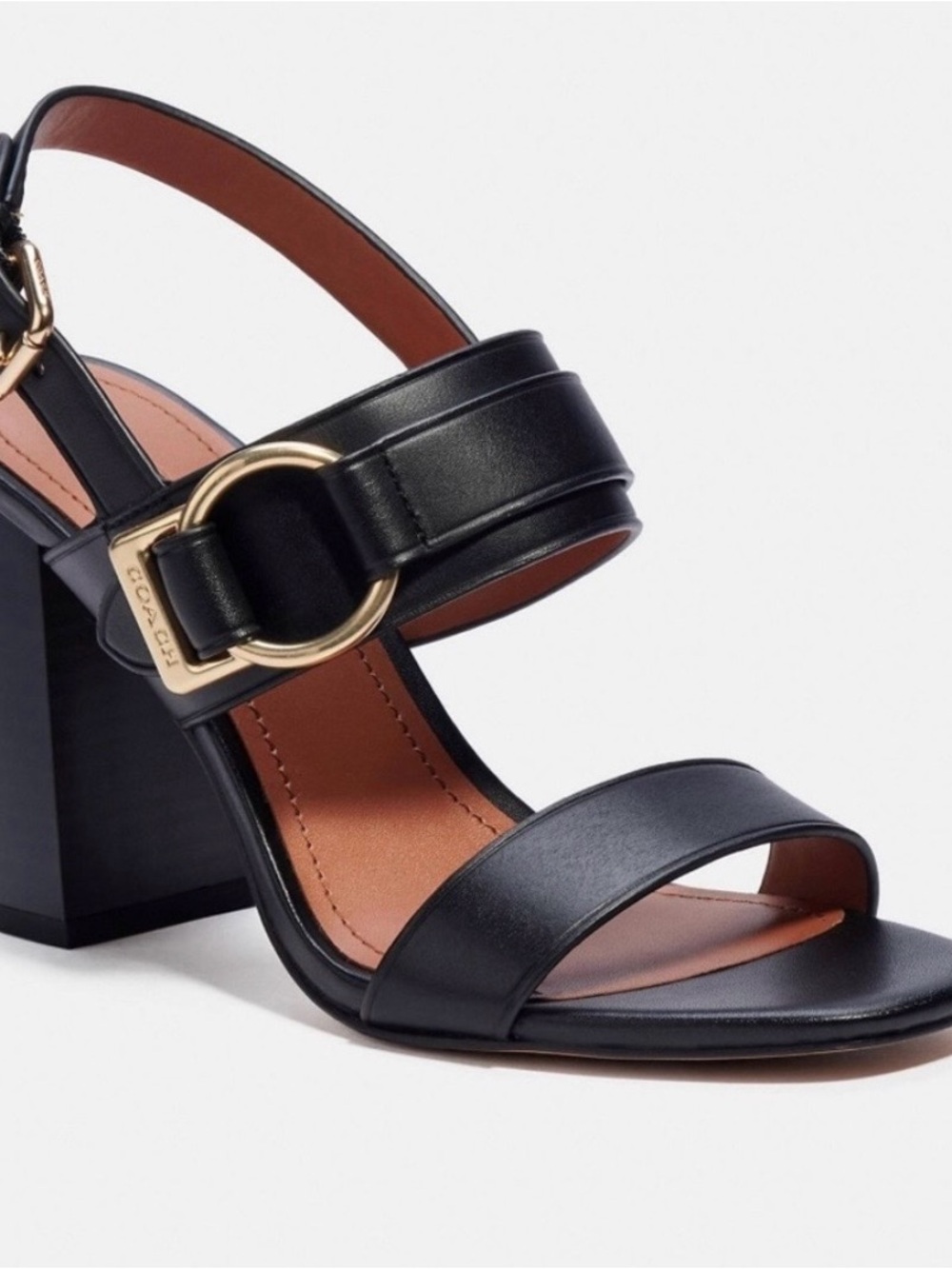 Coach Black Leather Block Heel Sandal with Gold Buckle Detail